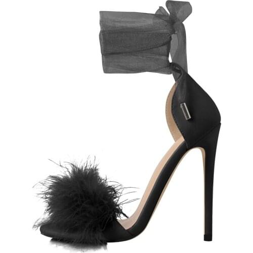 Richealnana Summer Black Purple Thin High Heels Women Sandals Ankle Riband Strap Artificial Fur Wedding Dress Evening Party