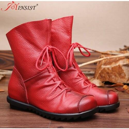 2019 Vintage Style Genuine Leather Women Boots Flat Booties Soft Cowhide Womens Fashion High Quality Ankle Boots