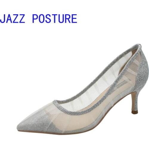 High-heeled wedding shoes womens fine with 2020 new silver sequins shallow mouth single shoes net yarn pointed shoes wild q495
