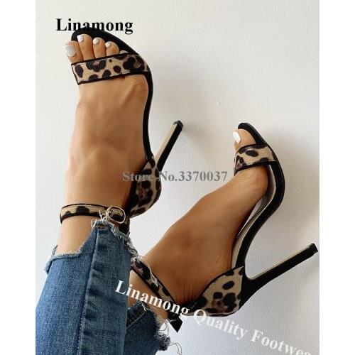 Linamong Sexy Women Leopard Suede Stiletto Heel Sandals Ankle Strap Buckle High Heel Sandals Evening Club Heels Big Size