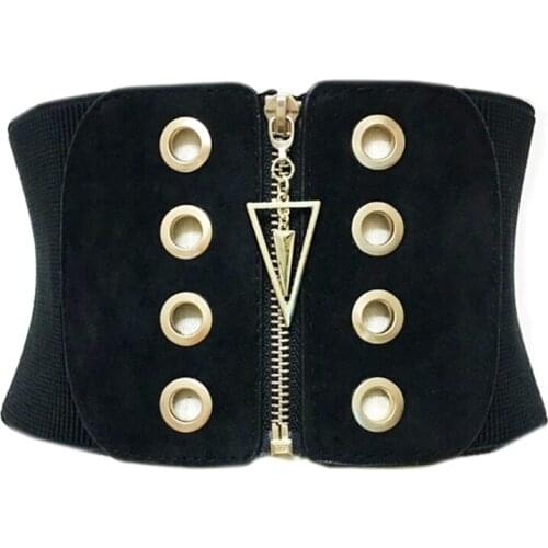 Female Ultra Wide Belt For Dress Ladies Slim Hollow Golden Hole Black Elastic Band Zipper Body Shaper Strap Corset Belt
