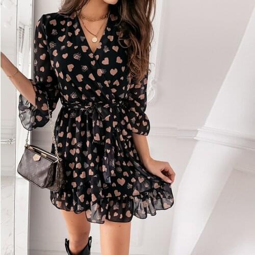 Women V Neck Flare Sleeve Print Dress 2021 Spring Casual Three Quarter Sleeve Office Dress Female A Line Ruffles Party Vestidos
