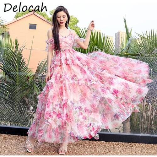 Delocah New 2021 Summer Women Fashion Runway Beach Holiday Long Dress Sexy Spaghetti Strap Ruffles High Waist Print Mesh Dresses