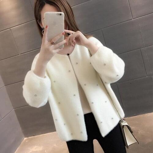 2021 Women Casual Coat Imitate Mink Fur Solid O Neck Cardigan Jacket Autumn Winter Clothes With Beading Outerwear Female
