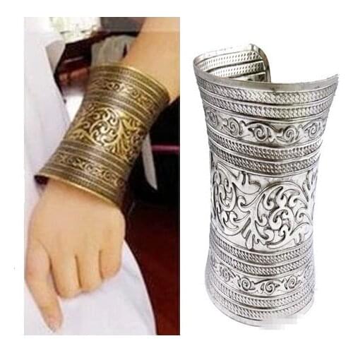 1Pcs Tribal Retro Color Bronze Pulseira Carving Flower Wide Chain C Shape Indian Bangle Cuff Opened Vintage Tibetan Punk Style