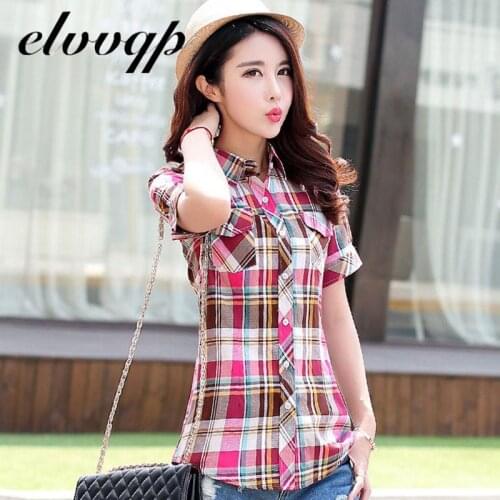 2021 Summer New Womens Tops And Blouses Fashion Plaid Shirts Women Blouses Short Sleeve Slim Blusas Femininas Elegante