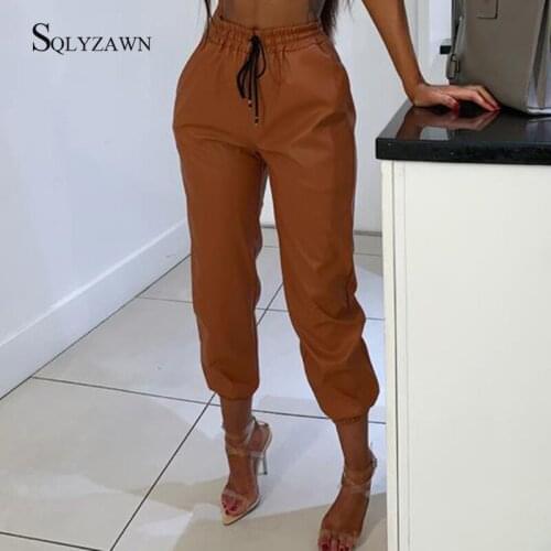 Streetwear PU Leather High Waist Harem Pants Women Fall Black Lace Up Sweat Trousers Female Korean Casual Fashion Jogger Clothes