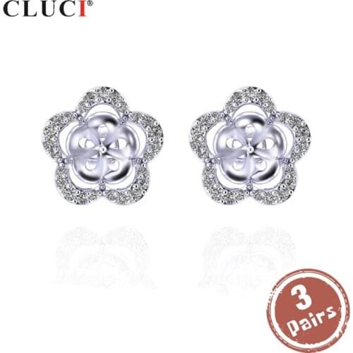 CLUCI 3 pair wholesale 925 Sterling Silver Flower Earrings Pearl Mountings Silver 925 Zircon Stud Earrings Jewelry SE072SB