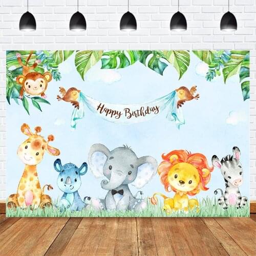 Cartoon Animal Birthday Photo Background Wild Forest Newborn Baby Shower Backdrop Sky Cloud Green Leaves Animals Photocall