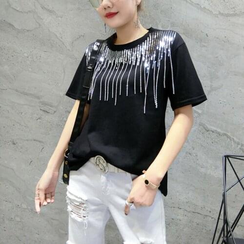 OUMENGKA Summer 2021 New Fashion Short Sleeve T-Shirt Women High Street Personality Sequined Hot Diamonds Female Tops