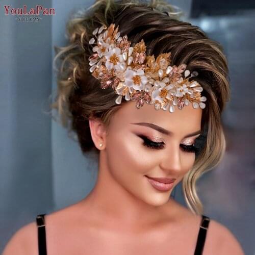 YouLaPan HP321 Soft Clay Flower Bridal Hair Comb Rose Gold Rhinestone Bridal Headwear Handmade Wedding Accessories for Women