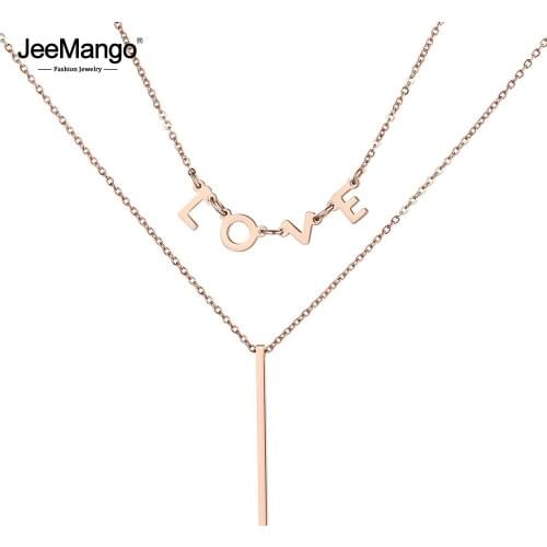 JeeMango OL Style Double Layer Love Letter Charms Necklaces For Women Girls Rose Gold Stainless Steel Pendant Jewelry JN19034