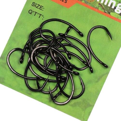 ICERIO 20pcs Curved Shank Straight Eyes Carp Fishing Hook Matt Black Yn High Carbon Steel Barbed Pop-up Rig Hooks