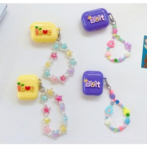 Fashion Yellow Purple letters Chain Earphone Case For Apple AirPods1/2 Pro3 Earbuds Soft Cover Wireless Bluetooth Headset Box