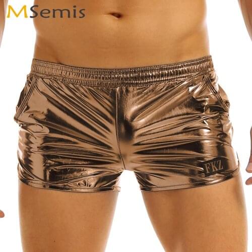 US Stock Men Shiny Metallic Booty Panty Night Club Pole Dance Boxer Shorts Sexy Elastic Low Waist Wetlook Rave Jockstraps Trunks