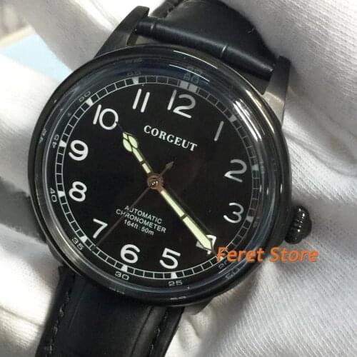 Corgeut 41MM Mens Business watch black dial miyota automatic movement black pvd 316L stainless steel case waterproof watch