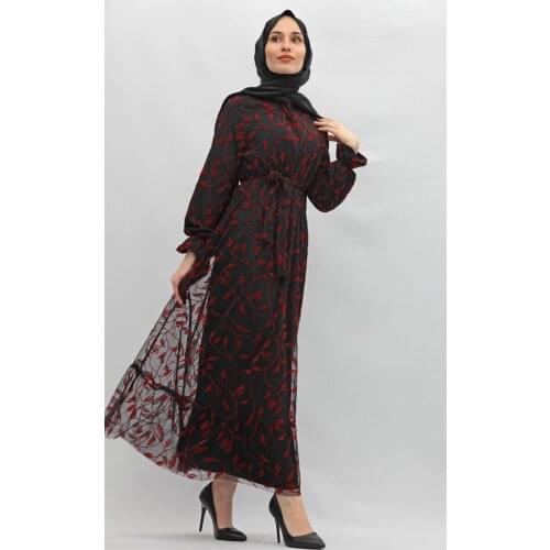 New Season Summer Trend Muslim Leaf Pattern Tulle Dress Red