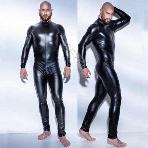 New Super Cool Sexy Men Black Patent Leather Jumpsuit Vinyl Latex Bondage Catsuit Zip Wetlook Leotard Bodysuit Size M-XXXL