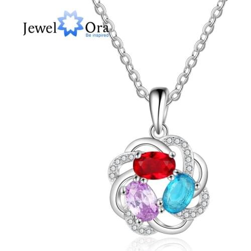 Personalized 3 Oval Birthstones Necklaces for Women Flower Pendant with Cubic Zirconia Custom Jewelry Gift (JewelOra NE103213)