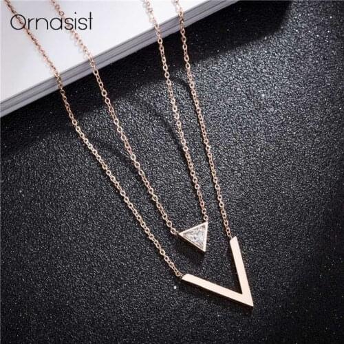 Simple Triangular Zircon Layered Necklace Rose Gold Titanium Steel V Letter Pendant Necklaces For Women