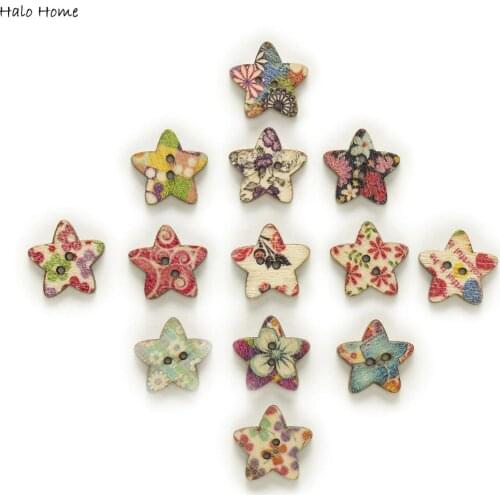 50pcs Mix Natural 2 Hole Star Wood Buttons Home Decor Clothing Sewing Scrapbooking 17mm