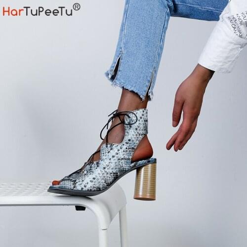 Faux Feather Sandal Women Summer Snakeskin Print PU Fashion Pump Dress Peep Toe Chunky Heels Cross Lace-Up Outdoor Shoes
