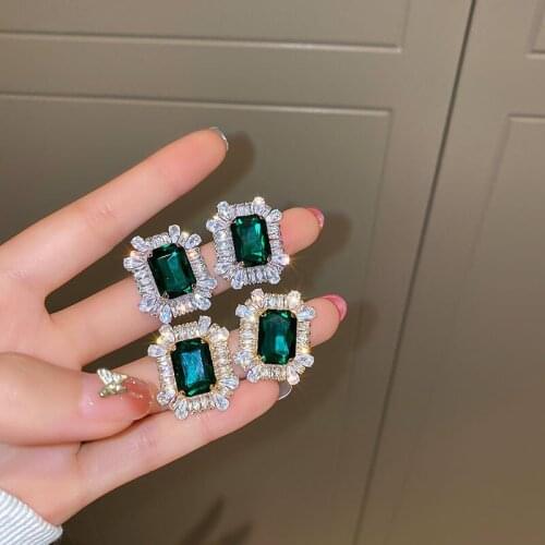 Exknl Green Rhinestone Korean Square Stud Earrings for Women Shiny Geometric Weddings Crystal Earrings Christmas Jewelry 2021