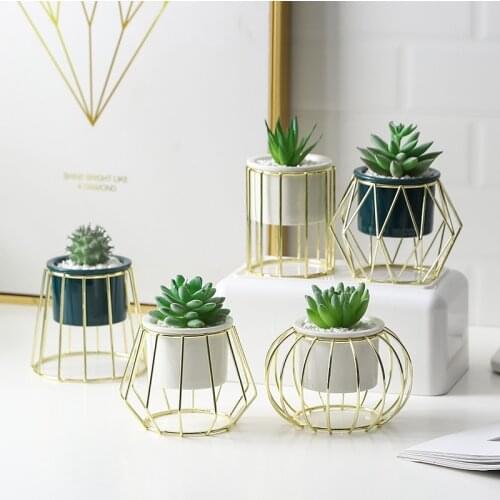 Nordic Tabletop Flowerpot Iron Art Multi Meat Flowerpot Vase Simple Iron Frame Ceramic Plated Gold Flowerpot Net Red Meat Balcon