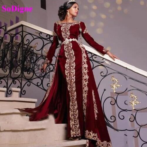 SoDigne Women Caftan Mermaid Evening Dress Velvet 2-Piece Special occasion Dresses Lace Appliques Evening formal Gowns