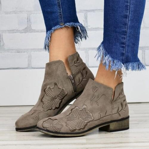 Ankle Boots For Women 2020 Shoes Autumn Big Size 43 Womens Print Flower Zip Low Heels Comfort Leather Female Ladies Footwear