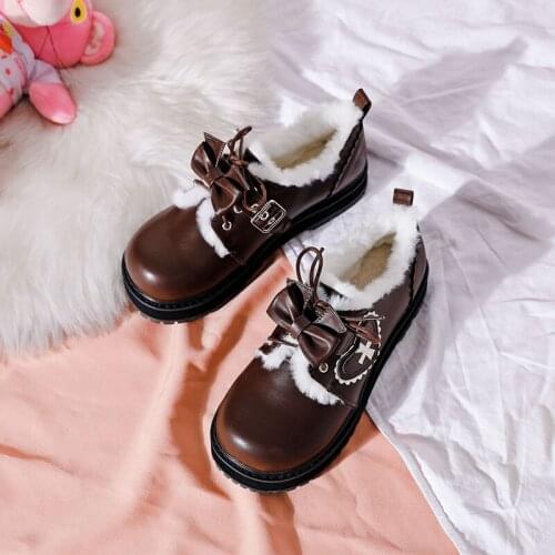 2021 New Winter Sweet Girls Female Kawaii Warm Plus Velvet Inner Japanese Cute Anime Lolita Shoes Women Platform Feminine Flats