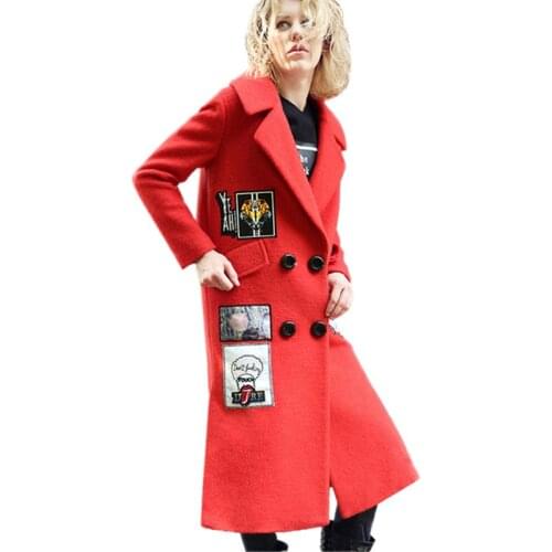 2019 Women Autumn Winter New Red Woolen Coat Personality Patch Designs Outerwear Female Thick Overcoat Warm Wool Long Jacket
