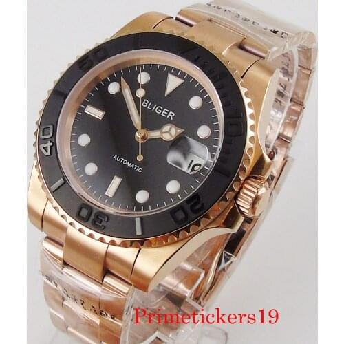 40mm bliger black sterile dial auto date sapphire crystal rose gold coated NH35 automatic men watch