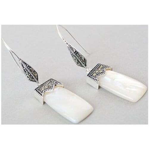 Noble white shell 925 silver & macasite earrings 2"
