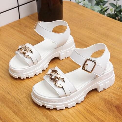 Summer Platform Sandals Women Shoes Round Toe Fashion Metal Decoration Buckle Strap Sandals Women Soft Leather Casual Shoes 2021