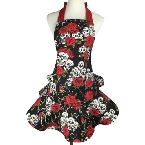 Rose Skull Featured Apron Full Cotton Canvas Working Apron