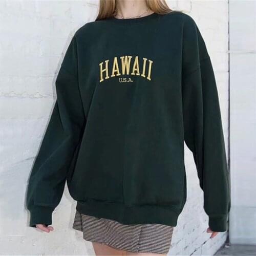 HAWAII Embroidered Oversized Sweatshirt Dark Green Long Sleeve Crew Neck Pullover Warm Tops Womens Sweatshirt