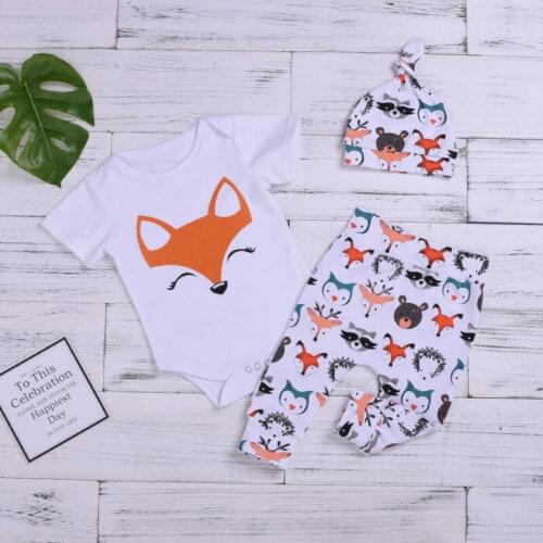 0-24M Baby Clothing Set Short Sleeve Newborn Fox Print Bodysuit Tops Cartoon Pant Trouser Hat 3PCS Baby Boy Girl Clothes