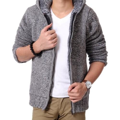 Hot Sale Hooded Zipper Sweatercoat Men Casual Clothing Autumn Winter Thicken Warm Knitted Sweatercoat Grey Blue Purple