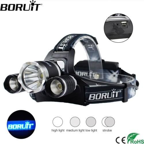 BORUiT B21 XPE XM-L2 LED Headlamp 3000LM 4-Mode Headlight USB Rechargeable Power Bank Waterproof Head Torch for Camping Hunting