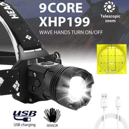 5200MAH P199 Powerful Headlamp PIR Induction USB Rechargeable Zoomable Light And COB Headlight For Outdoor With Build-in Battery