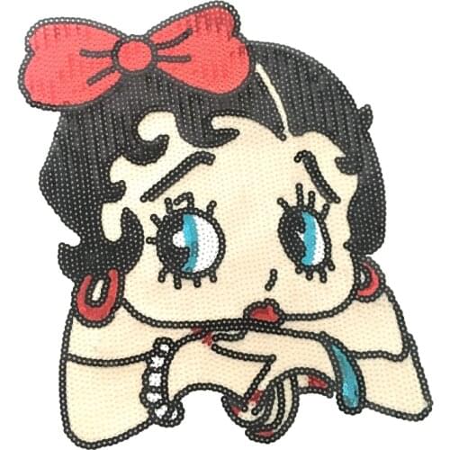 Large Bow Betty Sequined Sew on Patches Cartoon Girl Sequins Embroidery Appliques for Clothing DIY Garment Accessories
