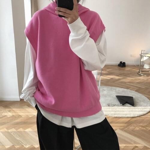 Autumn and winter womens sweater casual solid color sleeveless hooded sweater