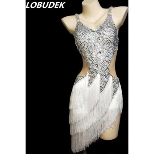 Sparkly Silver Rhinestones White Tassels Dress Adult Women Latin Dance Dress Competition Performance Stage Costume Fringes Dress