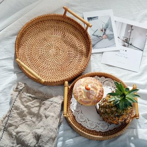Nordic Style Rattan Handwoven Drink Snack Coffee Tea Round High Wall Severing Tray Food Storage Basket Platters PlateWith Handle
