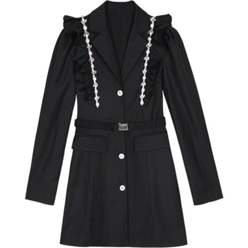 Heavy Industry Rhinestone Black Swan Suit Dress 2021 Autumn French Ruffle Waist Closing Long Sleeve V-neck Small Black Skirt
