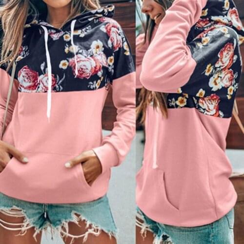 Spring And Autumn Casual Fashion Hoodie Womens Long-Sleeved Hooded Sweater Floral Print Patchwork Pullover Ladies Moletom