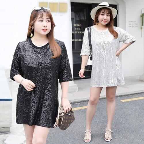 Plus Size summer woman tops shiny loose short sleeve T-shirt sexy club harajuku women stylish bright Mid Length T-shirt