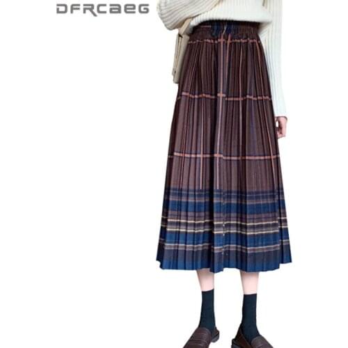 Retro Autumn Winter Patchwork Striped Pleated Skirts For Women 2021 High Waist Wool Long Skirts Ladies Vintage Saias Longas