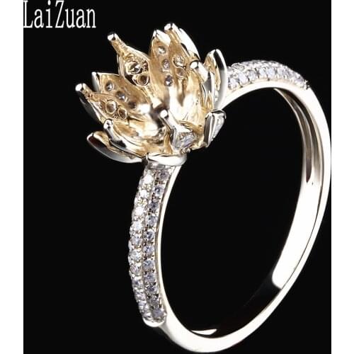 LaiZuan 7-8mm Round Solid 10k Yellow Gold 100% Genuine Natural Diamond Semi Mount Ring Women Wedding Unique flower style Jewelry